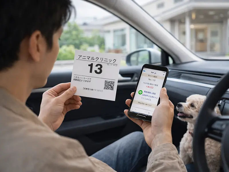 QRコードで順番確認イメージ — 整理券のQRコードをスマホで読み取り現在の順番を確認