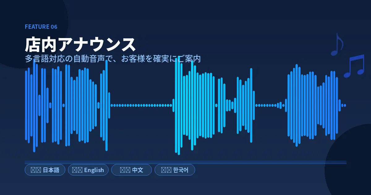 店内アナウンス - 多言語対応の自動音声呼び出し