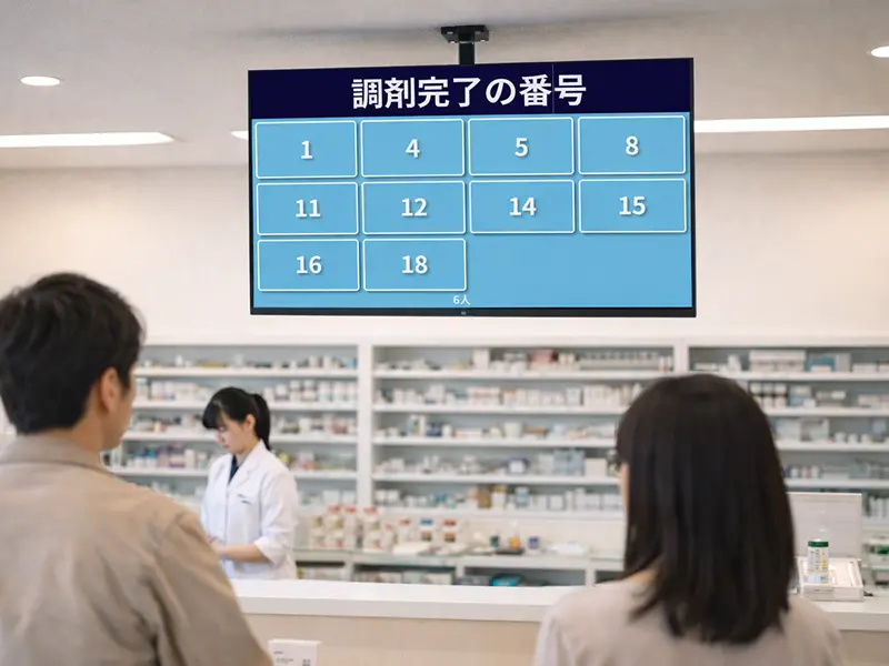 調剤完了モニターイメージ — 薬局の待合スペースに設置されたモニターに調剤完了番号を表示