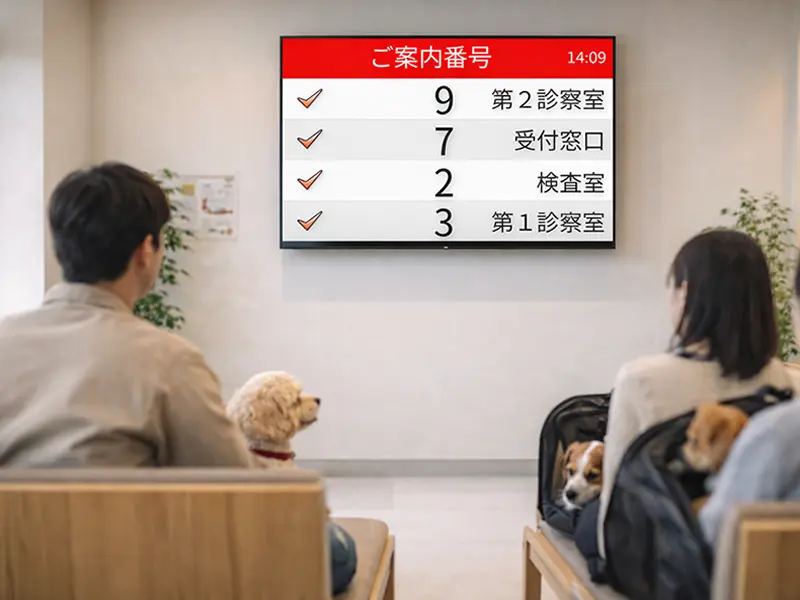 番号表示モニターイメージ — 待合室のモニターに呼び出し番号がリアルタイム表示されている様子