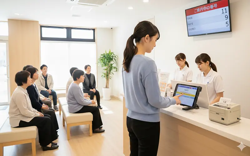 クリニックの待合室イメージ — モニターとタブレット受付端末のある清潔な待合室