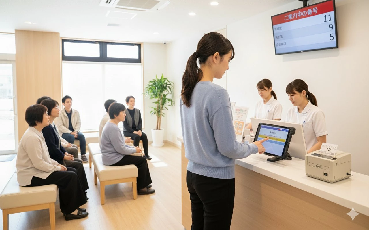 クリニック受付で整理券を受け取る患者様 アイリスト