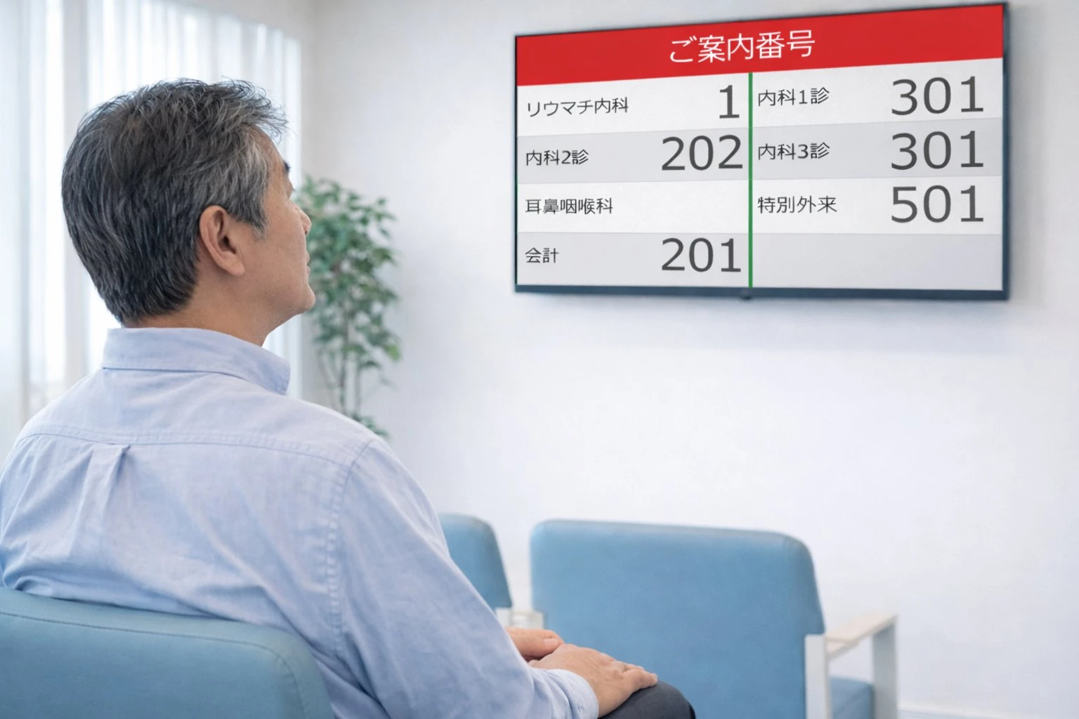 複数の診療科の番号をモニターで確認する患者様 アイリスト