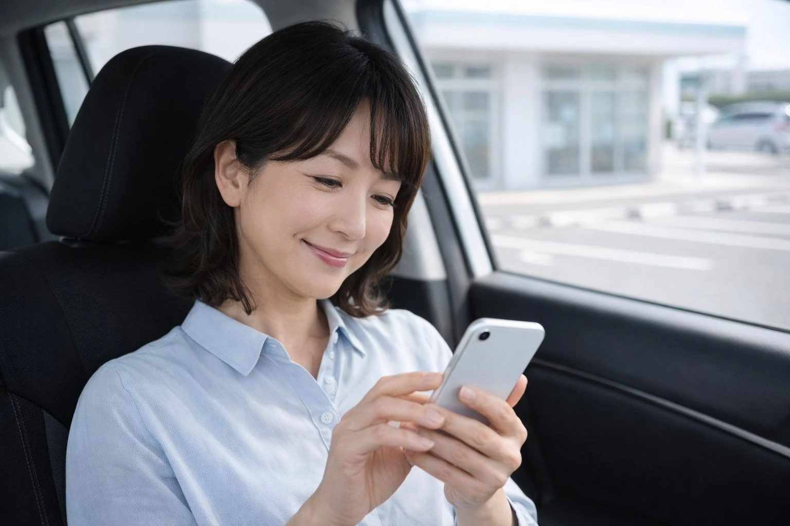 駐車場の車内でスマホで順番確認をする患者様