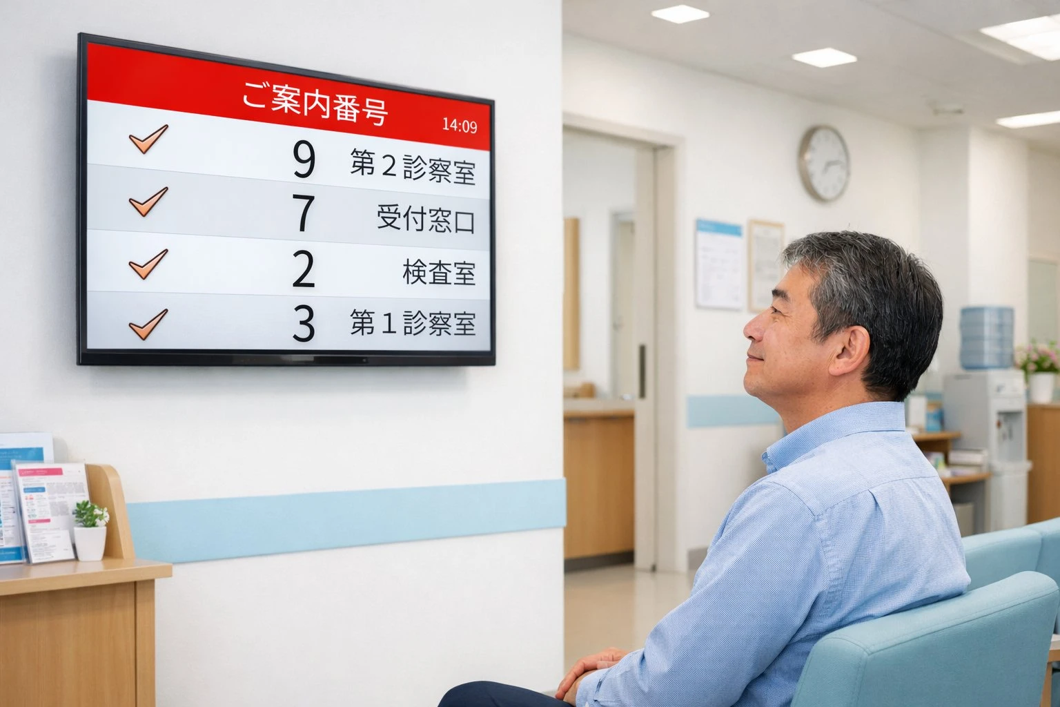 待合室のモニターで順番を確認する患者様 アイリスト