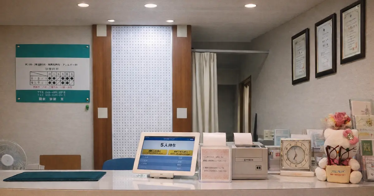 内科クリニックの受付に設置されたアイリスト — タブレット端末とモニターで順番待ちを管理