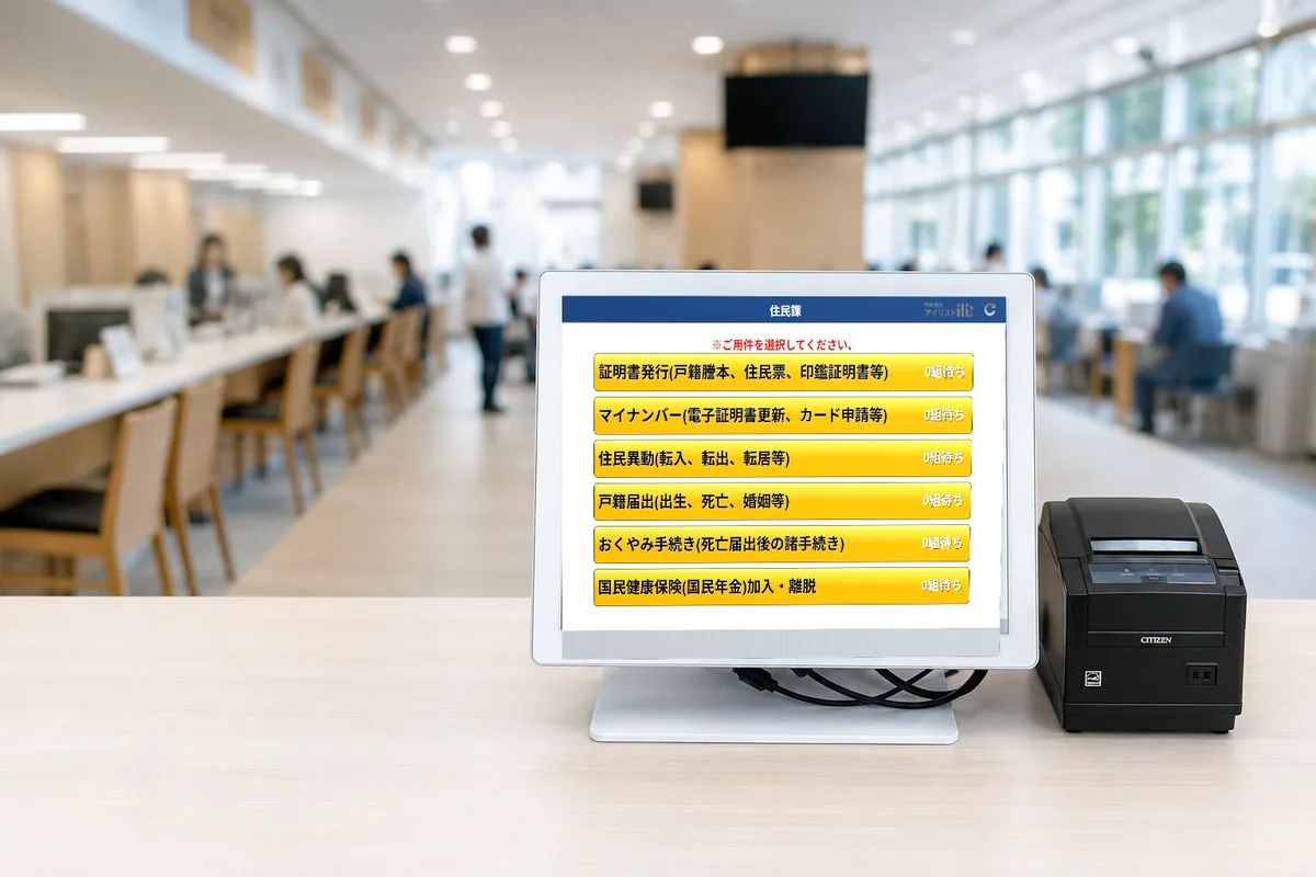 役所・行政窓口の順番待ちシステム「アイリスト」 住民課のタッチパネル受付画面と整理券発券機
